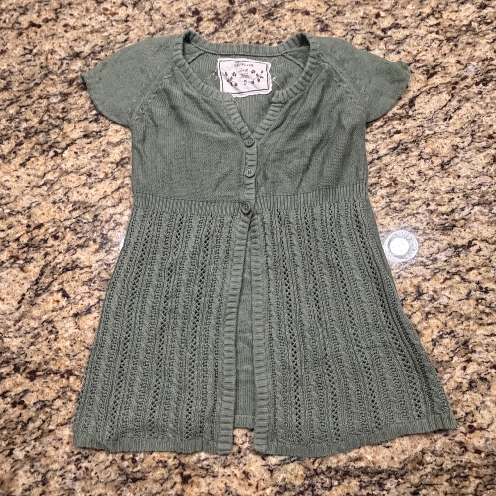Vintage Mossimo Supply Co Sage Green Short Sleeve Pointelle Cardigan Sweater L